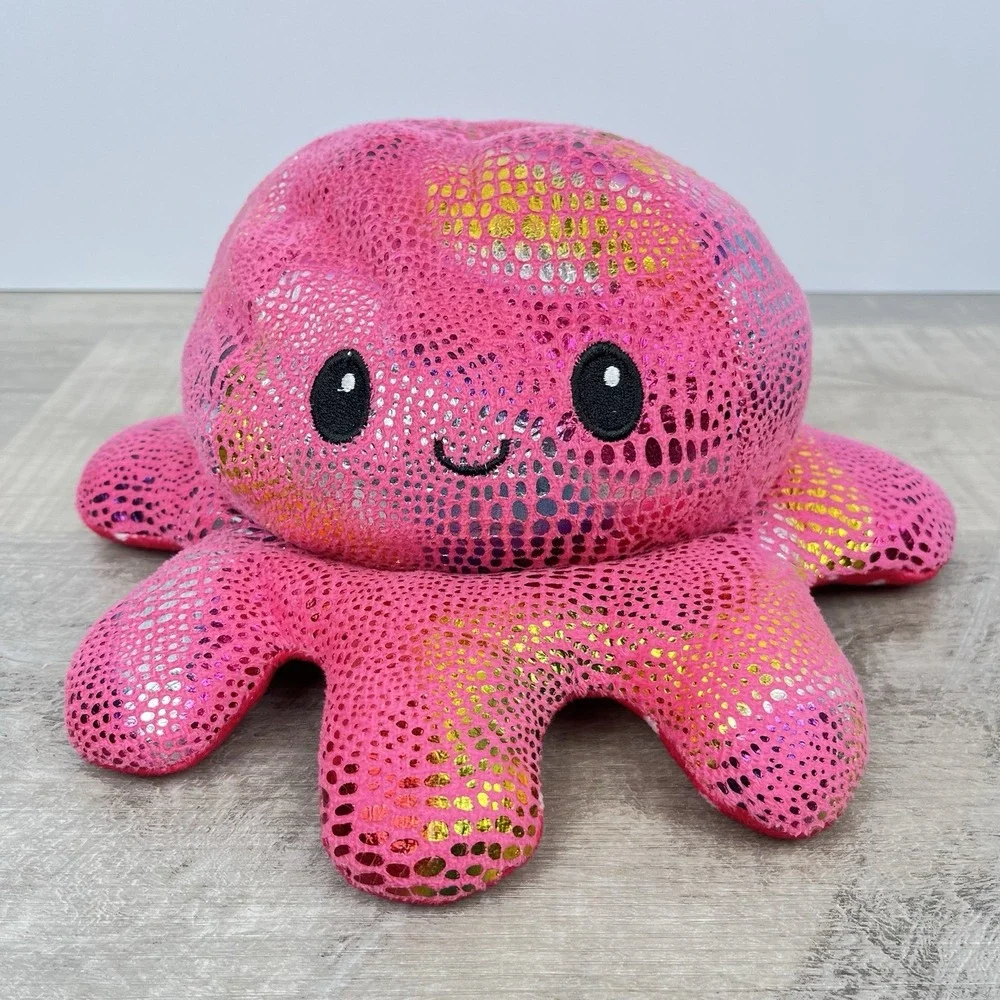 Reversible Happy Sad Angry Octopus Plush Rainbow Holographic Pink Polka Dots 10